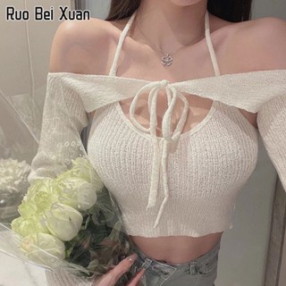 RUO BEI XUAN ผู้หญิงยกทรงใหม่เซ็กซี่เอวสลิงแขนยาวถักชุดสองชิ้น