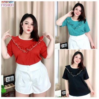 ( พร้อมส่ง )เสื้อยืดแต่งระบายสาวอวบสีสันสดใส Free size: 46 - 52 นี้ว.