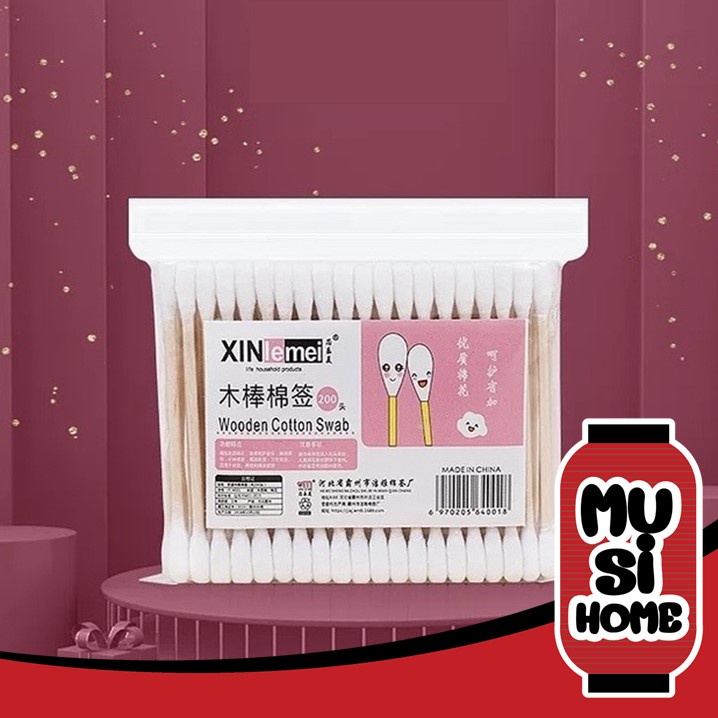 MUSI.HOME【ราคาถูก】E60 สำลีปั่นหู สำลี Cotton Swab คัตตอนบัต สำลีแคะหูก้านไม้ แบบใช้แล้วทิ้ง 100 PCS./1PACK