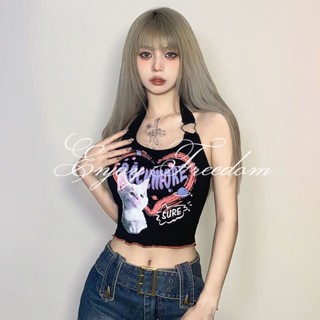 Enjoy Freedom เสื้อกั๊กสตรีพิมพ์ลาย Halter Camisole แขนสั้นเข้ารูปพอดีตัวเสื้อยืดแขนกุด