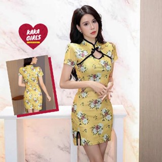 พร้อมส่ง  เดรสกี่เพ้า  เดรสกี่เพ้าสีเหลือง  ชุดจีน กี่เพ้าผู้ใหญ่ เดรสกี่เพ้า cheongsam กี่เพ้าจีน
