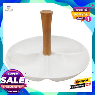 Porcelain จานกลมพอร์ซเลน 4 ช่องทรงลึกมีมือจับไม้ไผ่ Kasse Home รุ่น Yg18-243D สีครีมdeep-Shaped Porcelain Round Dish Wit