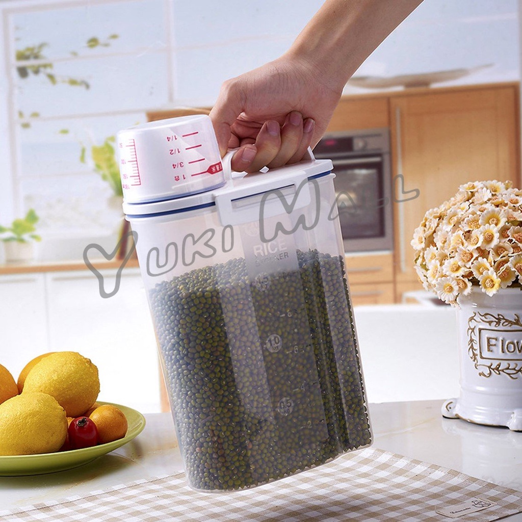 Yuki กล่องพาสติกเก็บเมล็ดข้าวสาร ทรงกระบอกน้ำ กันแมลง ความจุ 2 Kg. พร้อมถ้วยตวง Rice Container - รูปที่ 2