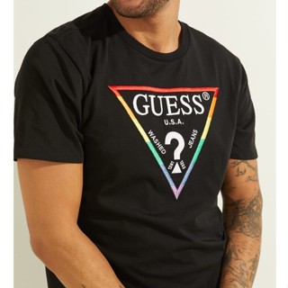 Guess ใหม่ เสื้อยืดแขนสั้น พิมพ์ลายโลโก้ สีรุ้ง แบบเข้ารูป อินเทรนด์