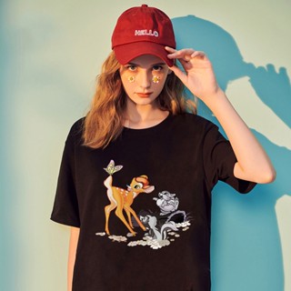 เสื้อยืดแขนสั้น ผ้าฝ้าย พิมพ์ลายการ์ตูน Disney Fawn Bambi น่ารัก สําหรับผู้หญิง และผู้ชาย