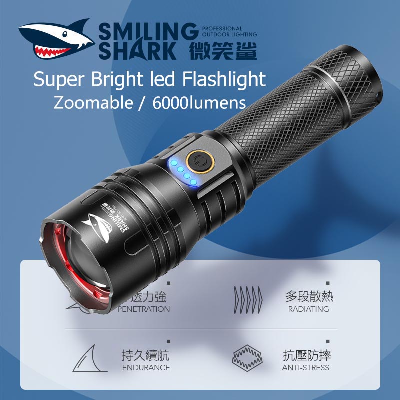 Smilingshark SD7009 ไฟฉาย led, ไฟฉายพลังสูง 8400lumens, ไฟฉายซูมได้, ชาร์จ USB, 3 โหมดกันน้ำสำหรับการเดินป่าตั้งแคมป์กลางแจ้ง