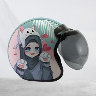 หมวกกันน็อคฮิญาบ แบบหนัง ลายการ์ตูนน่ารัก สไตล์เรโทร สําหรับผู้ใหญ่ และเด็ก