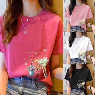 เสื้อยืดคอกลม แขนสั้น พิมพ์ลายการ์ตูน ทรงหลวม สีแดง แฟชั่นสําหรับผู้หญิง