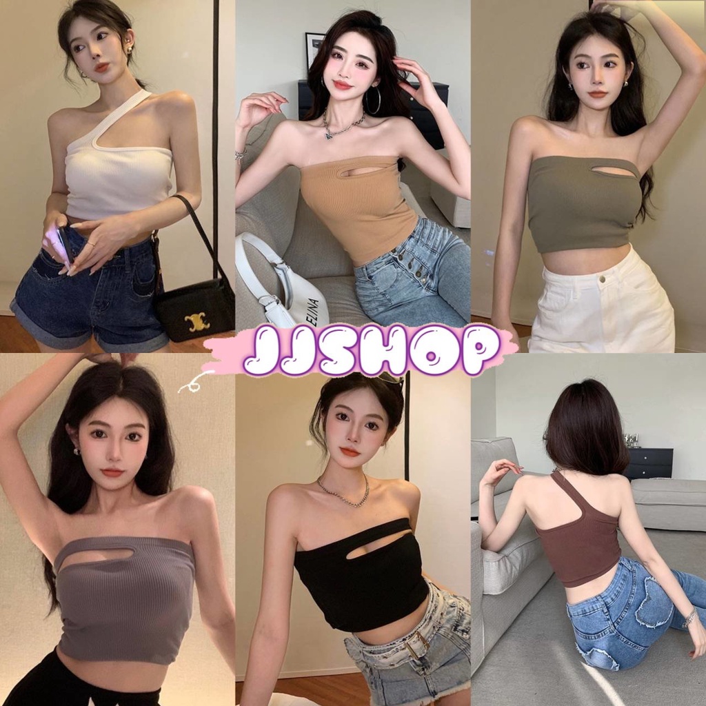 JJ shop พร้อมส่ง เสื้อสายเดี่ยวมีฟองน้ำ ไหมพรม สายคาดด้านเดียว ใส่ได้ทั้ง 2แบบ "FY6697" -N