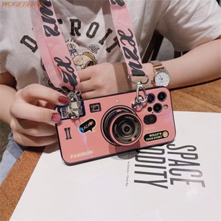 เคสโทรศัพท์มือถือ แบบนิ่ม ลายกล้องถ่ายรูป พร้อมสายคล้องคอ สไตล์วินเทจ สําหรับ Samsung Galaxy S20 S21 FE Plus Ultra