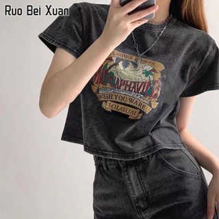 RUO BEI XUAN เสื้อยืดแขนสั้นผู้หญิงสไตล์เกาหลีแฟชั่นเรียบง่ายทุกแมตช์หลวมย้อนยุคแขนสั้น