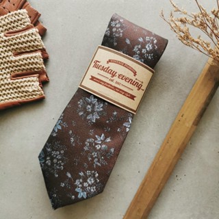 Necktie Dark Brown with Light Blue Floral | 8cm เนคไทสีน้ำตาลเข้มลายดอกสีฟ้าอ่อน