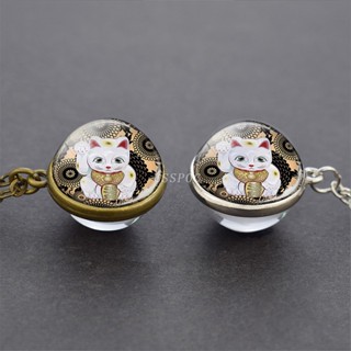 Maneki Neko สร้อยคอ จี้ลูกบอลแมวนําโชค เครื่องประดับแก้วใส สไตล์ญี่ปุ่น