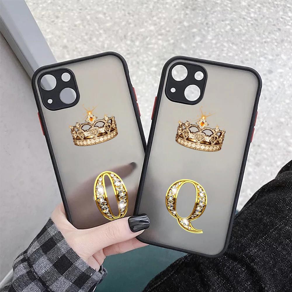เพชร Golden Crown First Initials Letter O Q เกราะกันกระแทกสําหรับ Apple 14 Plus สําหรับ iPhone 13 14
