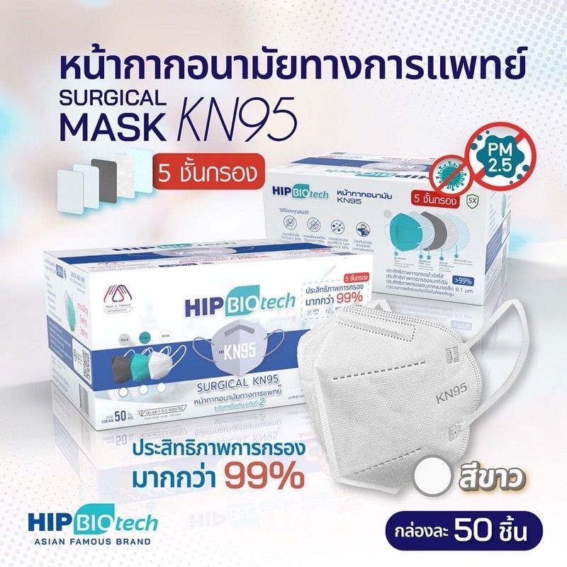 HIP Biotech หน้ากากอนามัย KN95 1กล่องมี 50 ชิ้น(ทุกชิ้นมีถุงห่อ) หนา 5ชั้น กรองได้ 99%