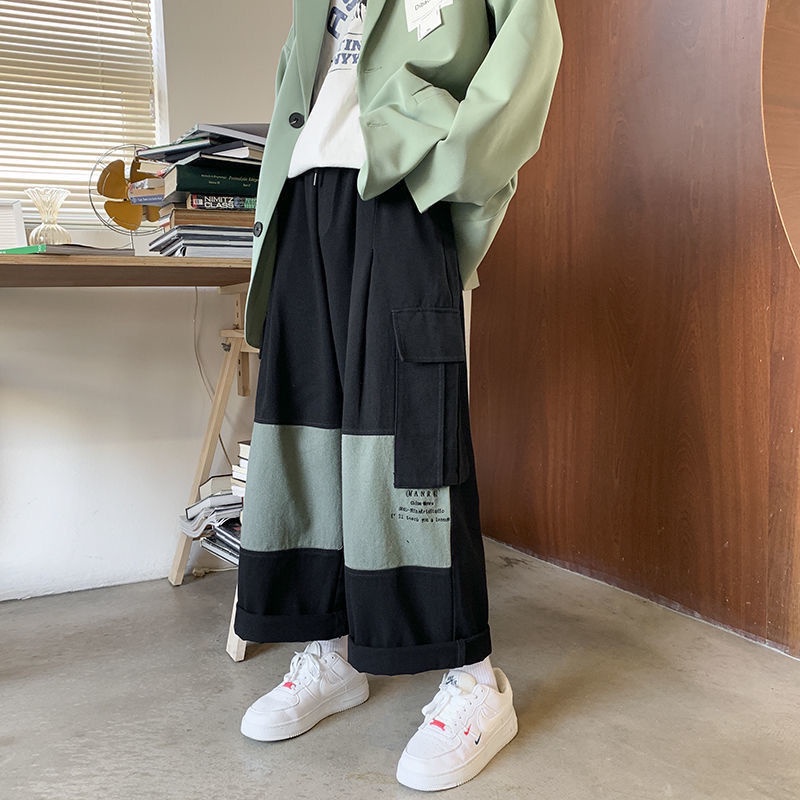 ชุดเอี้ยมสีกากีชายดีไซน์ประกบสไตล์ฮ่องกงญี่ปุ่นย้อนยุคหลวมกางเกงขากว้างไฮสตรีทอินเทรน