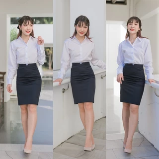เสื้อนักศึกษาแขนยาวผู้หญิงเข้ารูป ไม่มีกระเป๋าหลังว่าง เสื้อแขนยาวหญิง สีขาวนวล ผ้าคอมทวิว