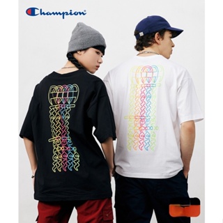 Champion เสื้อยืดแขนสั้น คอกลม ผ้าฝ้าย พิมพ์ลายตัวอักษร สีรุ้ง แฟชั่นคู่รัก