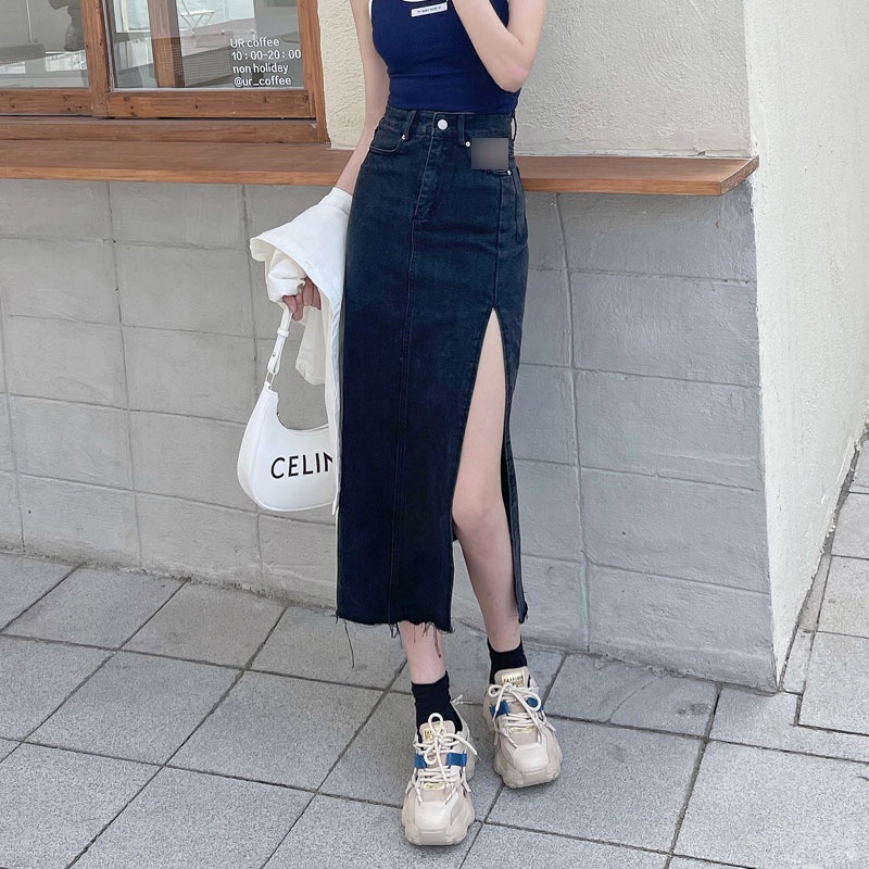 กระโปรงยีนส์  ส่งจากไทย ครบสี กระโปรงยาวทรงเอง ผ่าข้าง เอวสูง ผู้หญิง สีฟ้าอ่อน สีดำ - รูปที่ 2