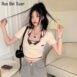 RUO BEI XAUN 2023 ใหม่เสื้อชั้นในคอวี + เสื้อกั๊กคอลายสก๊อตสลิมสูทสำหรับผู้หญิง