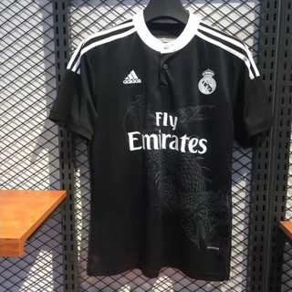 เสื้อกีฬาแขนสั้น ลายทีมชาติฟุตบอล Real Madrid 1415 ชุดเยือน สีดํา คุณภาพสูง สไตล์เรโทร