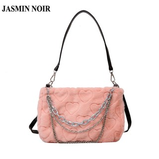 Jasmin NOIR กระเป๋าสะพายไหล่ กระเป๋าถือ ประดับขนเฟอร์ แต่งสายโซ่คล้อง แฟชั่นสําหรับสตรี