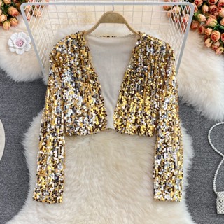 Glitz เสื้อคาร์ดิแกน คอวี แขนยาว กลิตเตอร์ สีดํา ทอง เงิน สําหรับผู้หญิง