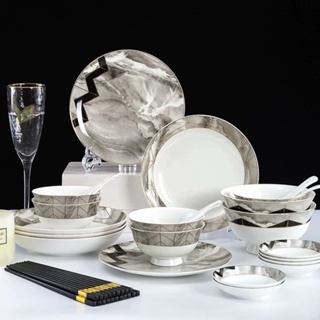 tableware ชุดจานชามเซรามิค ชุดจานชามเซรามิก จานชามเซรามิคเนื้อโบนไชน่า สไตล์ยุโรป 36pcs