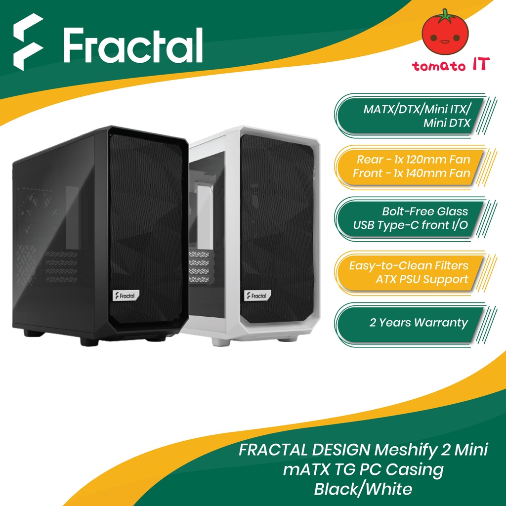 FRACTAL DESIGN Meshify 2 Mini mATX เคสพีซีกระจกนิรภัย - สีดํา/ขาว