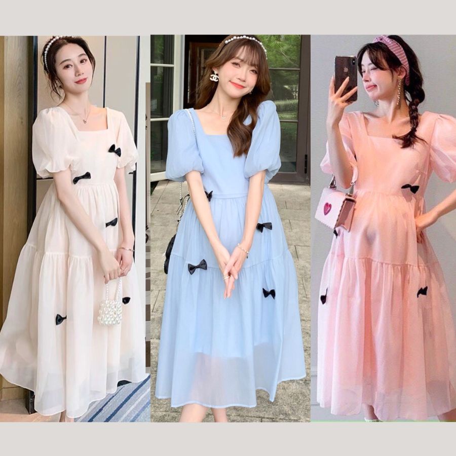 ชุดคลุมท้องไฮเอนด์ สีชมพูครีม มีโบว์ดำ (เดรสคลุมท้อง) มี 3 ไซส์ S/M/L [วบี04]