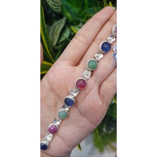 กำไลพลอยแท้ ทับทิม ไพลิน หยก Ruby Blue Sapphire Jadeite Silver Bracelet