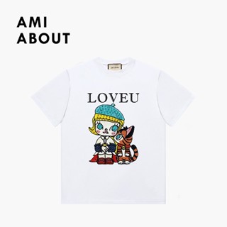 Amiabout เสื้อยืดแขนสั้น ผ้าฝ้าย พิมพ์ลายการ์ตูน ทรงหลวม สีขาว แฟชั่นฤดูร้อน สําหรับผู้หญิง และคู่รัก