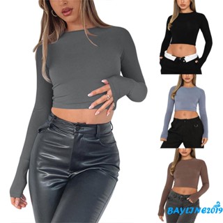 Bay- เสื้อครอปแขนยาว คอกลม เปิดหลัง สีพื้น ลําลอง สไตล์สตรีท ฤดูใบไม้ผลิ ฤดูใบไม้ร่วง สําหรับผู้หญิง