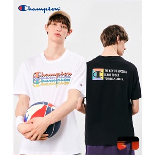 Champion เสื้อยืดแขนสั้นลําลอง พิมพ์ลายโลโก้ สี่สี แฟชั่นคู่รัก