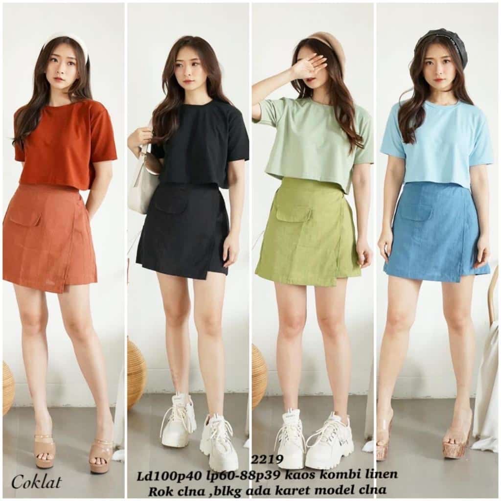 KATUN M-2219/CZC WOMENS SKIRTS SET COTTON LINEN COMBI T-SHIRTS (MUST CHECK STOCK)