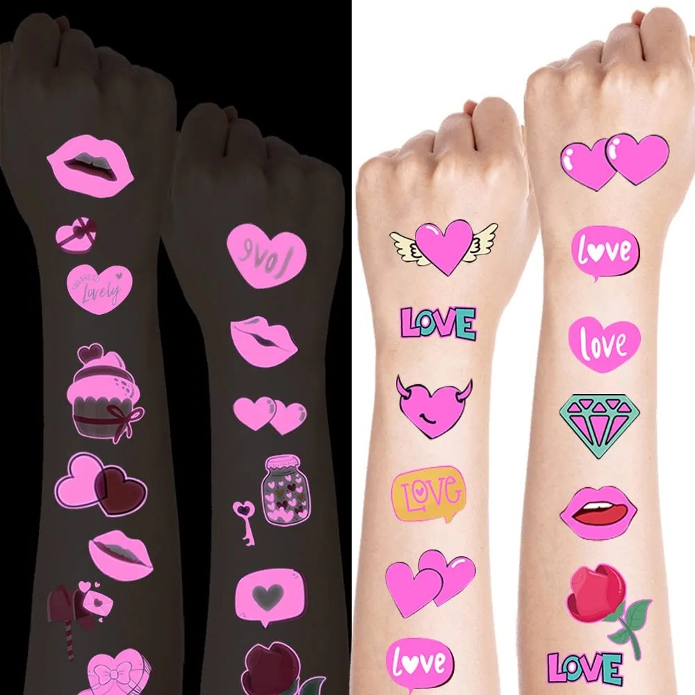 สติกเกอร์รอยสักชั่วคราว แบบเรืองแสง ลายหัวใจ สีชมพู กันน้ํา เหมาะกับวันวาเลนไทน์ แฟชั่นสําหรับผู้หญิง