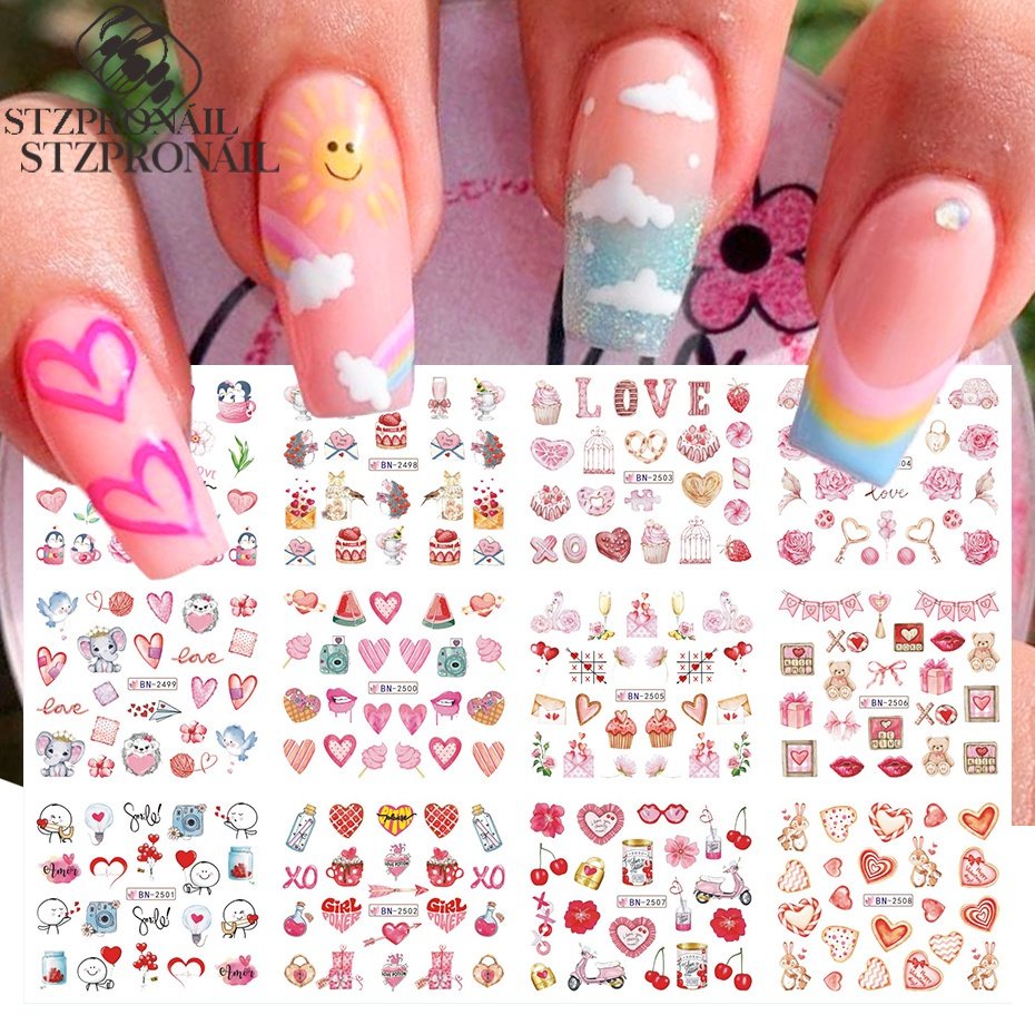 12ชิ้นสีชมพูรักเล็บน้ําสติ๊กเกอร์คอมโบน่ารักสาวลูกอมการ์ตูนโอนสติ๊กเกอร์