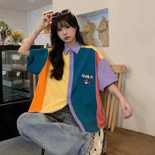 Rommers เสื้อเชิ้ตแขนสั้น ความยาวปานกลาง แบบบาง ทรงหลวม สีคอนทราสต์ สไตล์วินเทจ สําหรับผู้หญิง