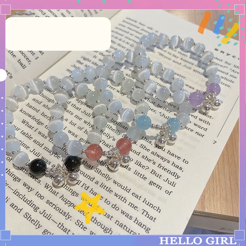 A HELLO GIRL สร้อยข้อมือ จี้กระดิ่งมูนสโตน ตาแมว ประดับคริสตัลเทียม ขนาดเล็ก เหมาะกับของขวัญ สําหรับผู้หญิง