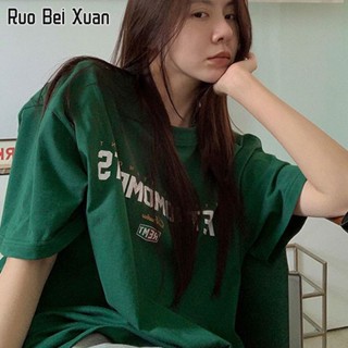 RUO BEI XUAN เสื้อยืดสตรีสไตล์เกาหลีใหม่ย้อนยุคขนาดใหญ่แขนสั้นหลวมคู่เสื้อ