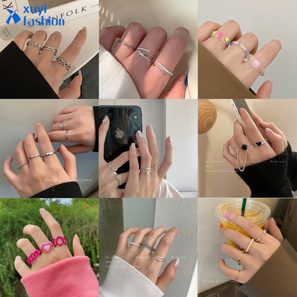 ชุดแหวนคริสตัลเรซิ่น โอปอล รูปหัวใจ สไตล์เกาหลี เครื่องประดับแฟชั่น สําหรับผู้หญิง