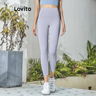 ✳▤Lovito กางเกงโยคะ เล่นกีฬา เอวสูง สีพื้น L02044 (ฟ้าอ่อน/ชมพู/ดำ/น้ำเงินเข้ม/เทา/เขียว/ม่วง )