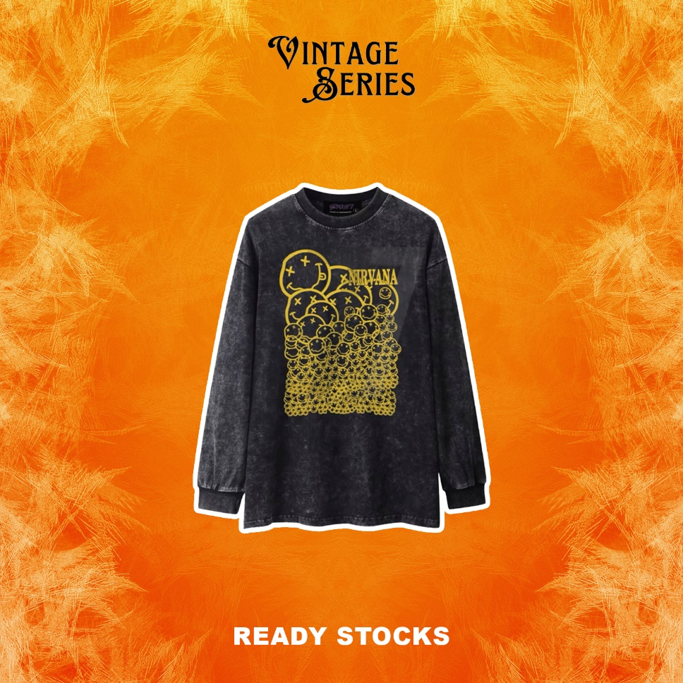 Vintage Series Nirvana แขนยาวขนาดใหญ่ของแท้ Streetwear Unisex Washed Tee