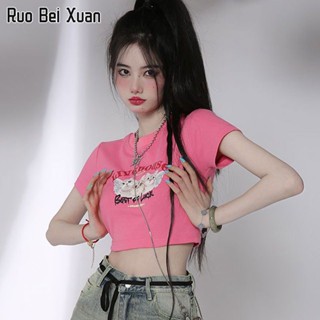 RUO BEI XUAN เสื้อยืดสตรี 2023 ใหม่ส่วนสั้นสลิมแขนสั้นเสื้อยืดแมวพิมพ์ด้านบน