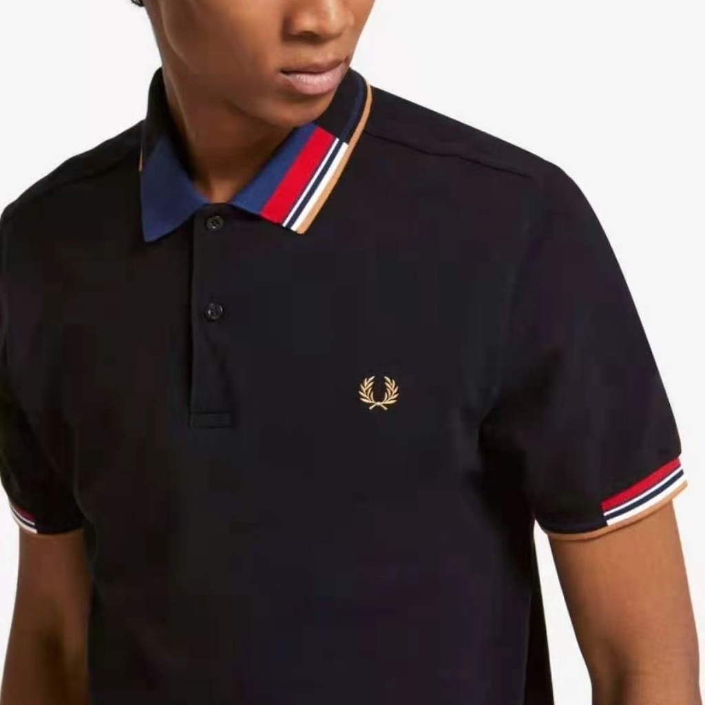 Fred PERRY 100 เสื้อโปโลปกแขนสั้นปักลําลอง Double Tip Polo Tee เสื้อยืดผู้ชาย