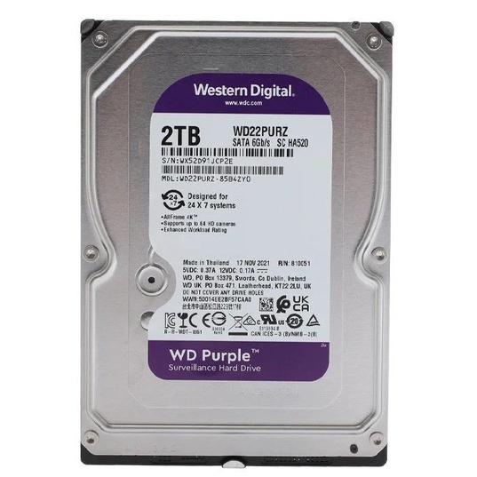 2 TB HDD (ฮาร์ดดิสก์กล้องวงจรปิด) WD PURPLE 5400RPM SATA3 (WD22PURZ) รับประกัน 3 - Y