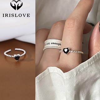 Irislove แหวนนิ้วมือ ประดับเพทาย รูปหัวใจ สีดํา แวววาว วางซ้อนกันได้ เครื่องประดับ สําหรับผู้หญิง