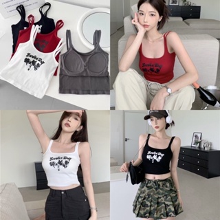 FK🍒พร้อมส่ง🍒 เสื้อครอปสายเดียว ลายสกรีน มีฟองน้ำ ผ้าร่องยืด