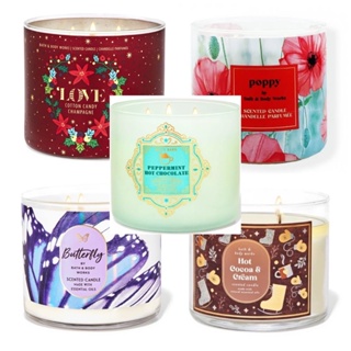 bath&amp;body works 3-Wick Candle เทียนหอม411g HOT COCOA &amp; CREAM,butterfly,Cotton Candy Champagne,poppy,peppermint hot choco