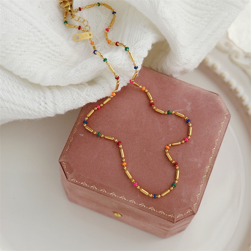 Iu สร้อยคอ ลูกปัดเหล็กไทเทเนียม ชุบทอง 18k หลากสี